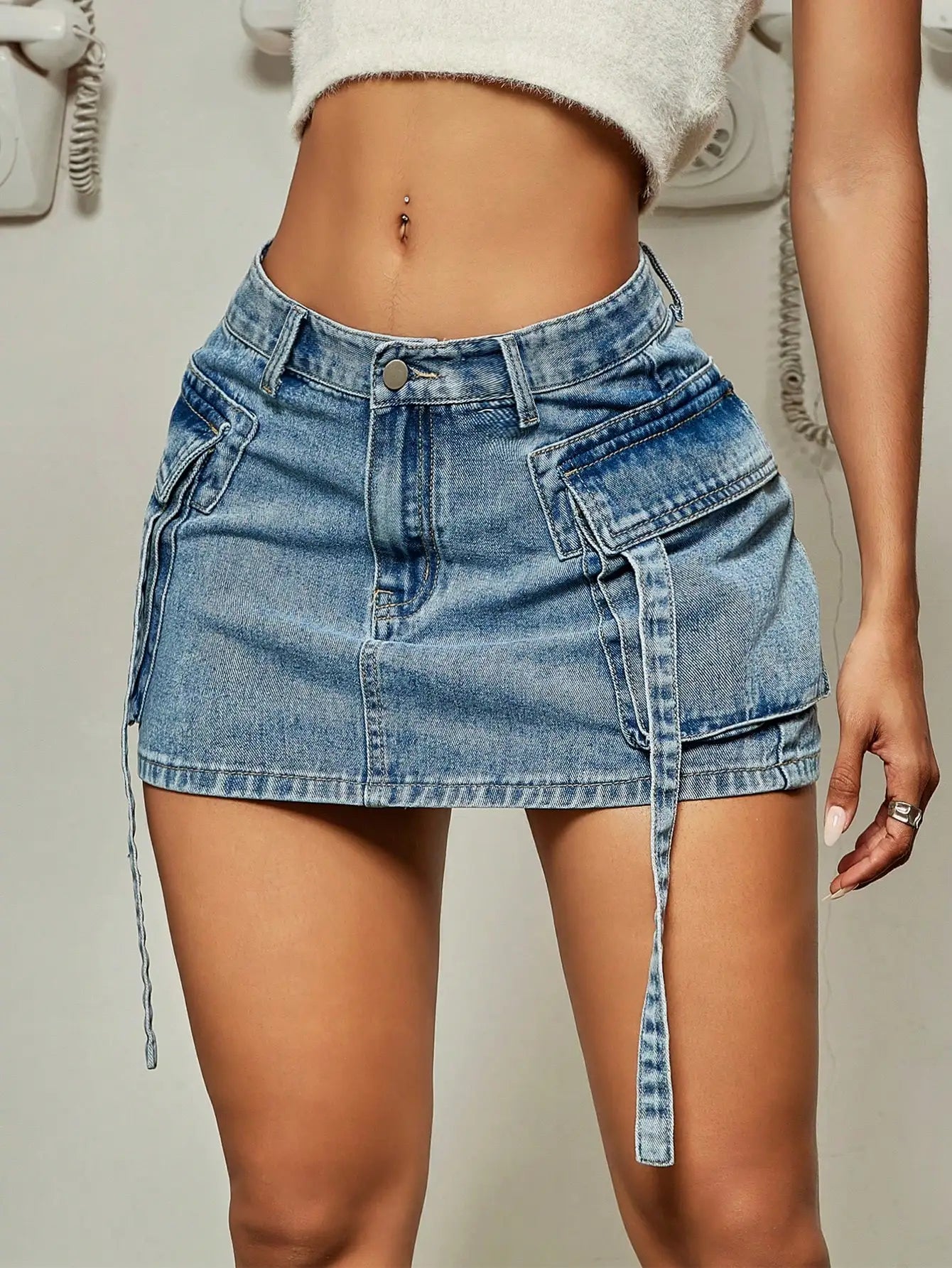 Stiff Denim Skirts for Structured -Trendy Street Tooling Style Flap Pocket Slim Workwear Denim Skirt