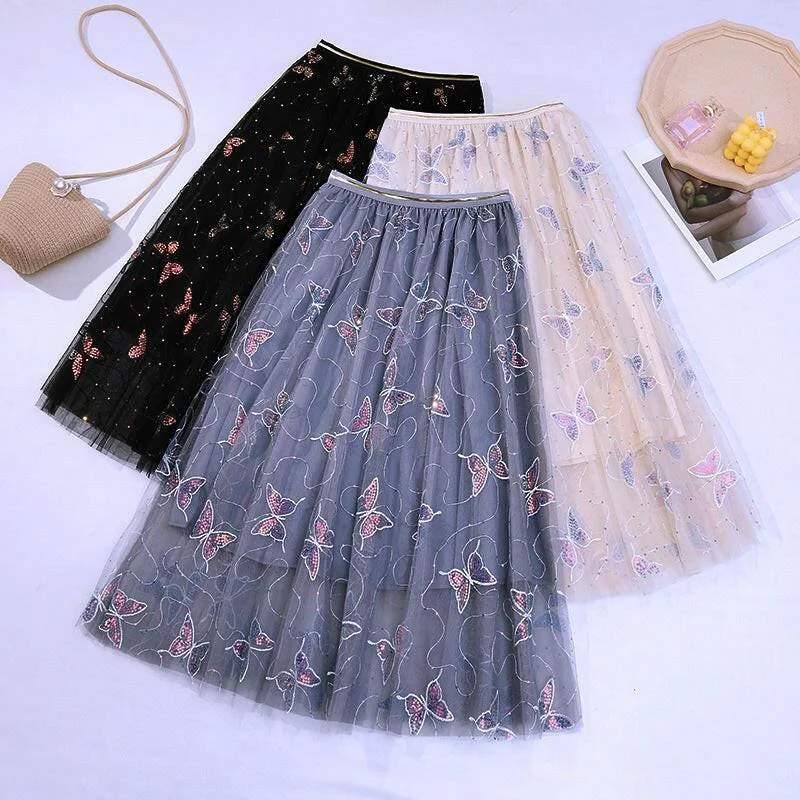 Affordable skirts with basic solid colors -Sequin butterfly pleated skirt