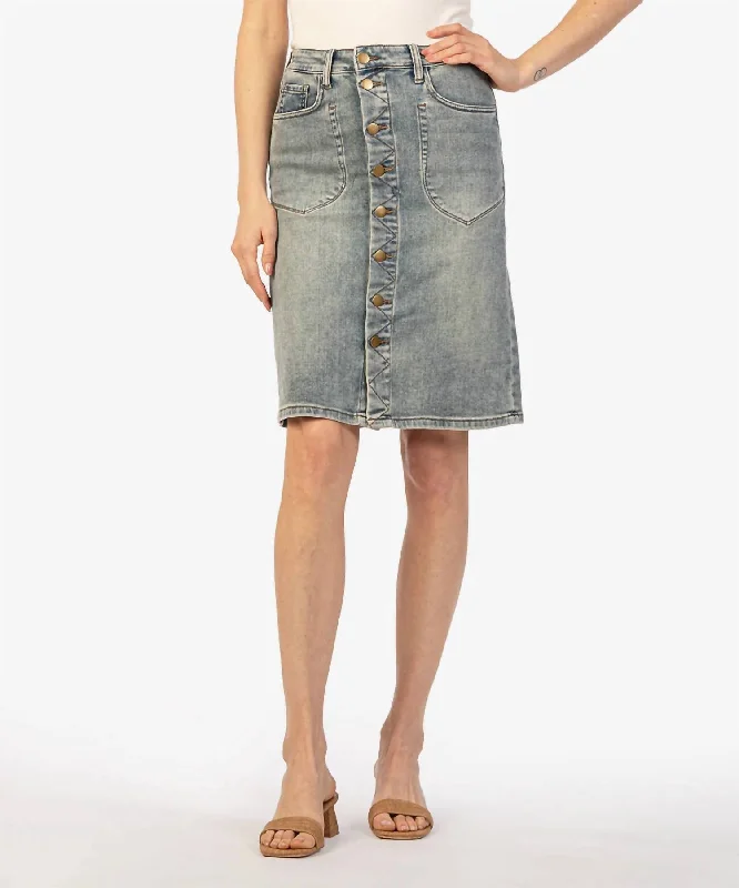 A-line Denim Skirts for Flattering -Rose Button Front Denim Skirt In 89% Cotton, 10% Polyester, 1% Spandex