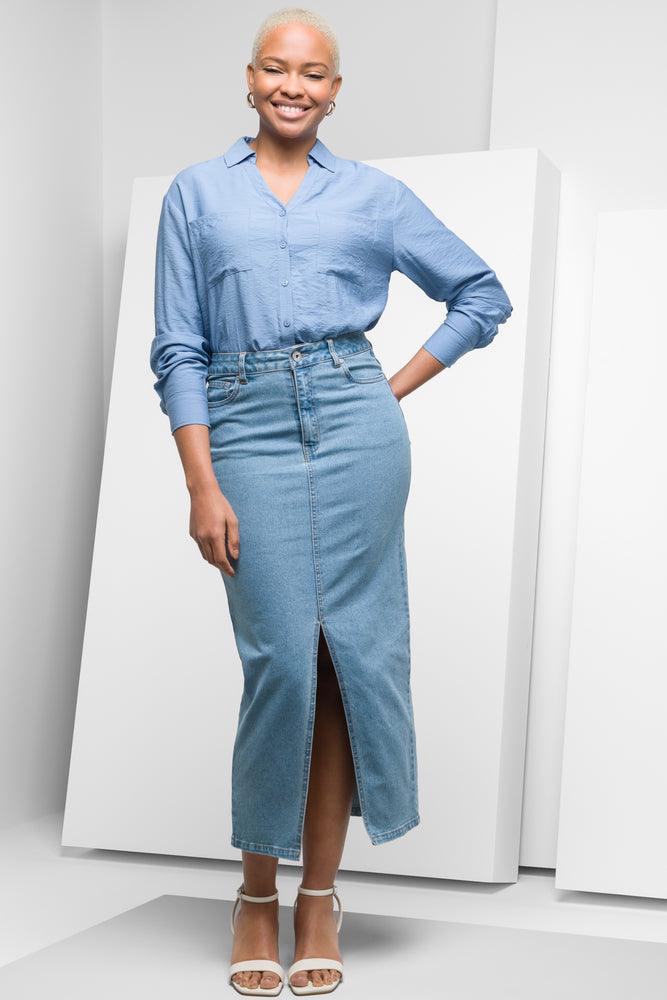 Blue Denim Skirts for Classic -Maxi Denim Skirt With Front Slit Blue