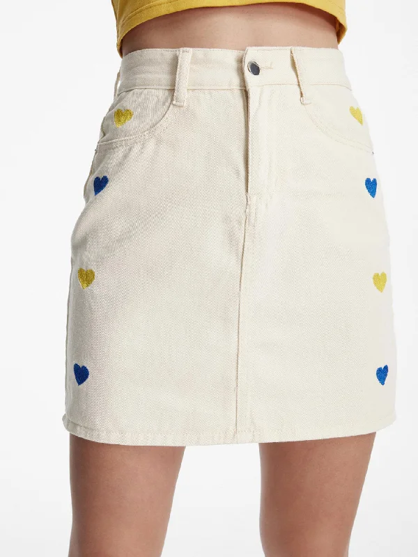 Denim Skirts for Wedding Guests -Heart Print  High Waist Denim Skirt