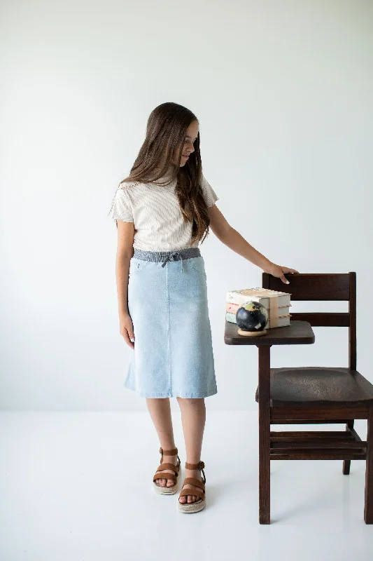 Midi Denim Skirts for Elegant -'Ava' Girl Knit Denim Skirt in Light Wash