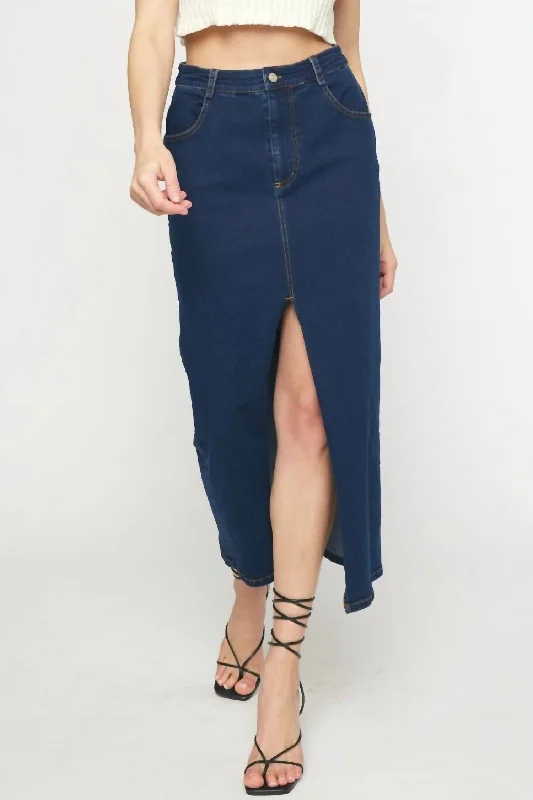 Denim Skirts with Fringe for Boho -Mid Length Denim Skirt In Dark Wash