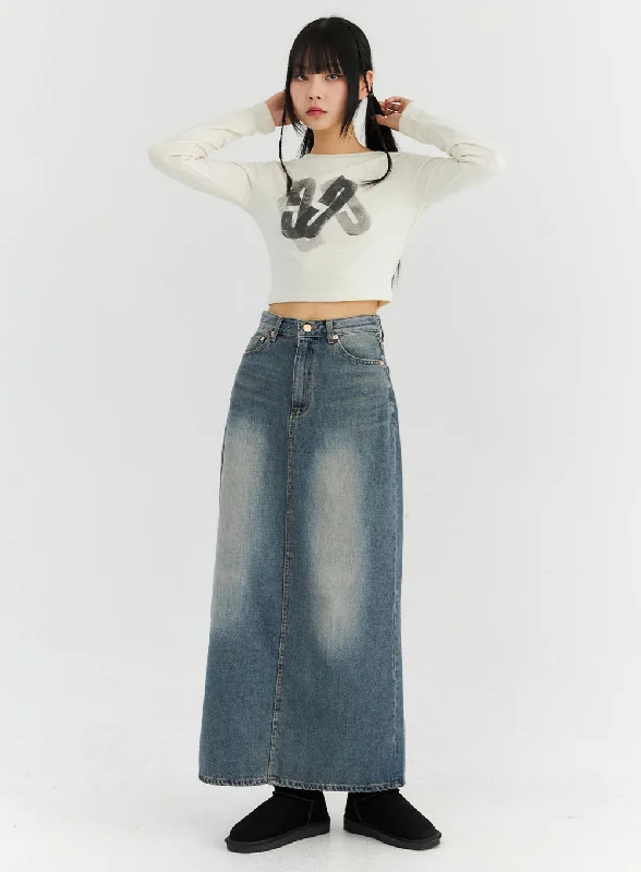 Light Wash Denim Skirts for Fresh -Washed Maxi Denim Skirt CN306