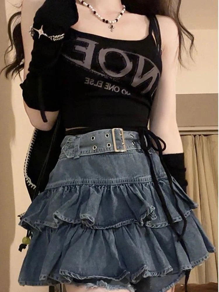 Denim Skirts with Pockets for Practical -Retro Ruffled Fake Two-piece High Waist Cake Denim Skirt