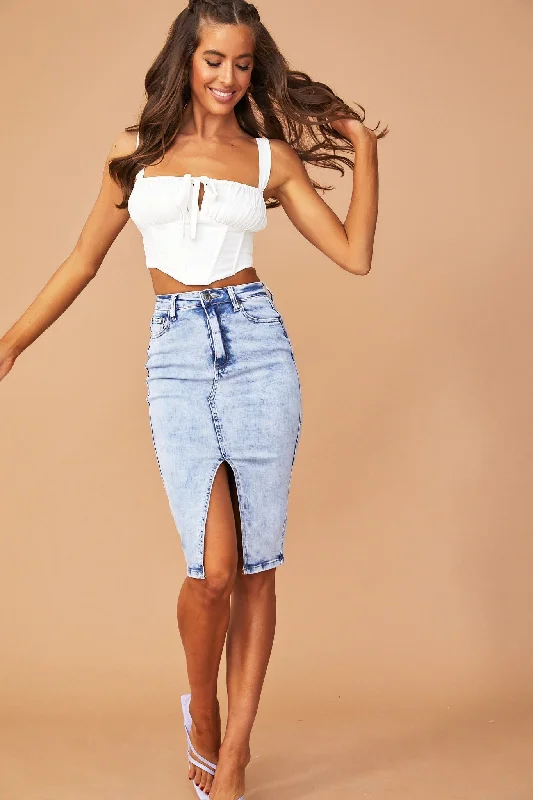 Denim Skirts with Drawstring for Adjustable -Wait In Line Denim Skirt - Blue