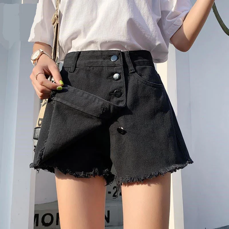 Low Waist Denim Skirts for Trendy -KittenAlarm - Solid Button Style Black Mini Denim Skirts