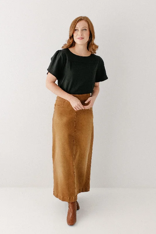 Denim Skirts for Date Nights -'Sara' Long Stretch Denim Skirt in Camel