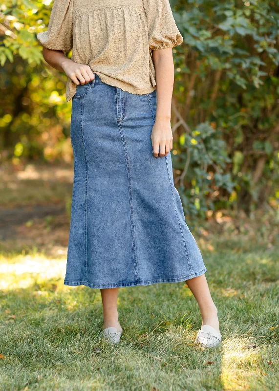 Denim Skirts with Pockets for Practical -Flare Midi Denim Skirt