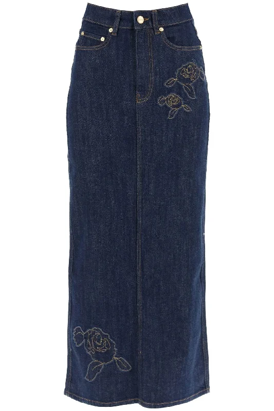 Denim Skirts for Mother's Day -maxi denim skirt with pink embroidery J1440 RINSE