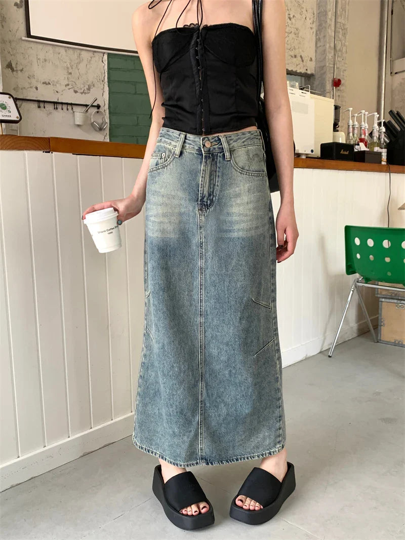 Denim Skirts for Office Wear -Street Retro Split High Waist Casual Denim Skirt