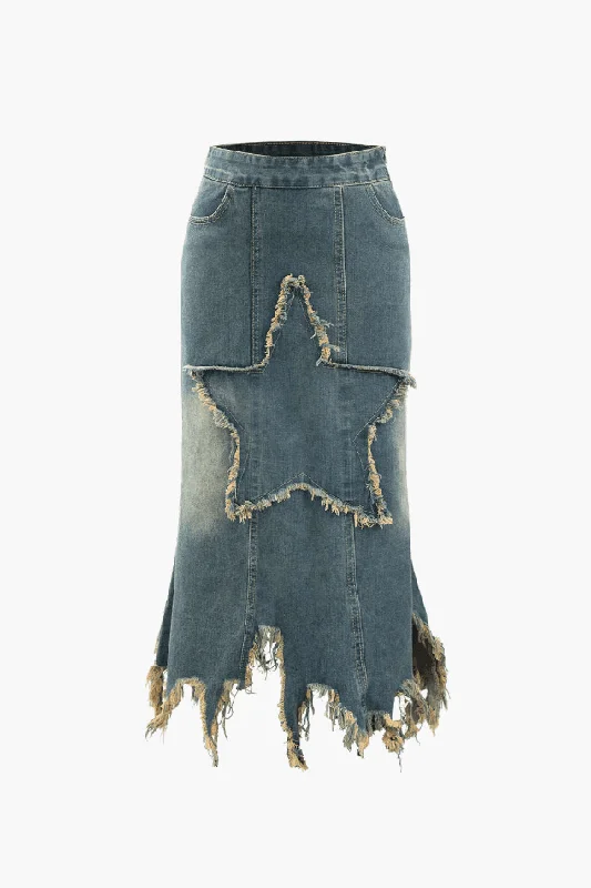 Embroidered Denim Skirts for Detail -Star Patchwork Frayed Denim Skirt