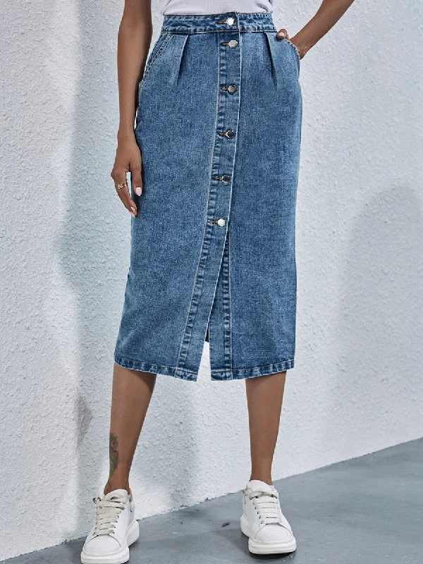 Denim Skirts for Garden Parties -BerriesJam - 2024 Single Breasted Knee Length Denim Skirt