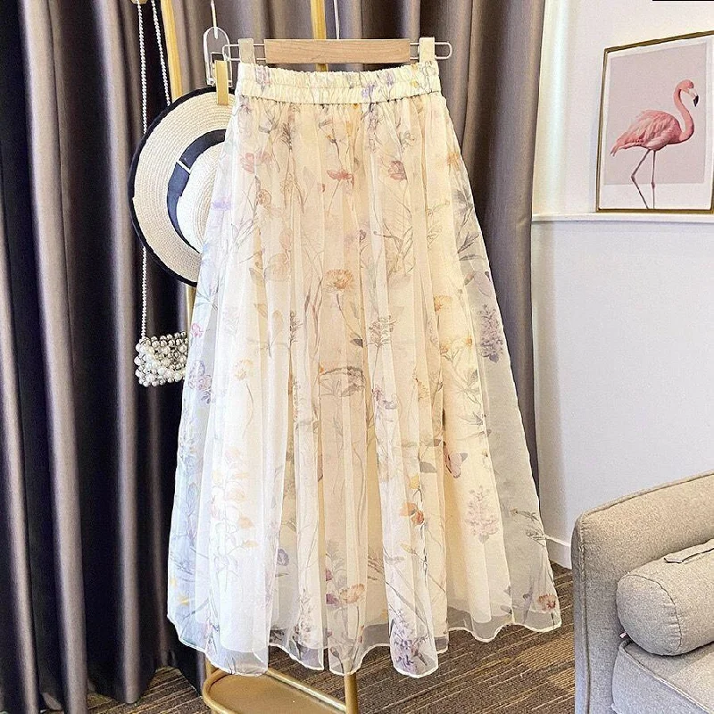 A-line skirts with flared hem elegance -Women's Mid-length Chiffon Romantic Printed Skirt