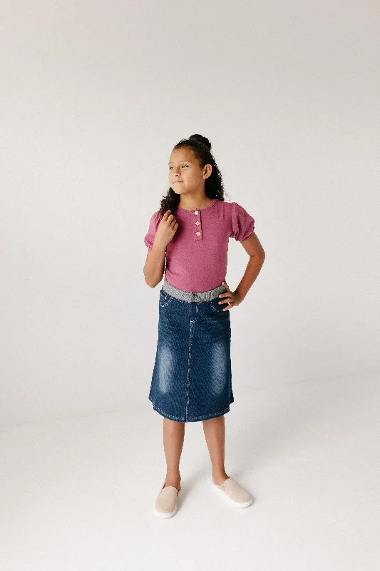 Washed Denim Skirts for Soft -'Ava' Girl Knit Denim Skirt in Dark Wash FINAL SALE