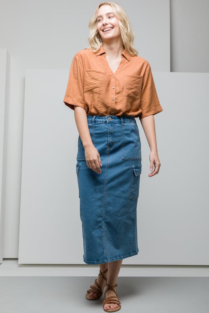 White Denim Skirts for Clean -Utility Denim Skirt Mid Blue