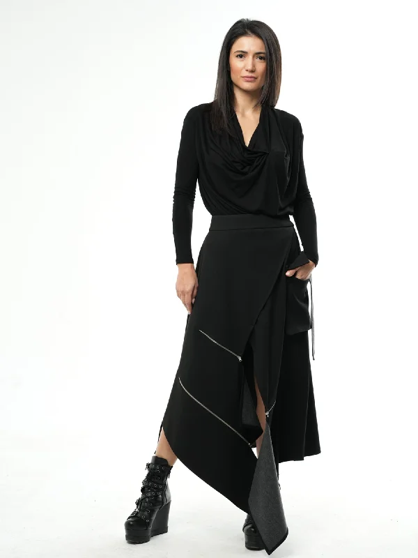 Luxury satin skirts for evening event elegance -Asymmetric Black Long Skirt with Zippers