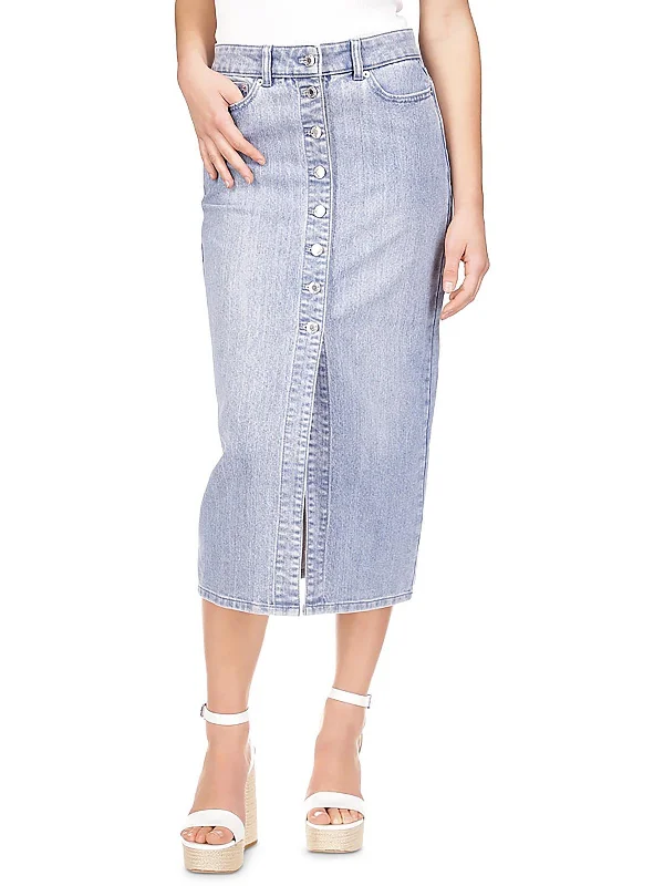 Denim Skirts with Beads for Decoration -Womens Front Slit Long Denim Skirt