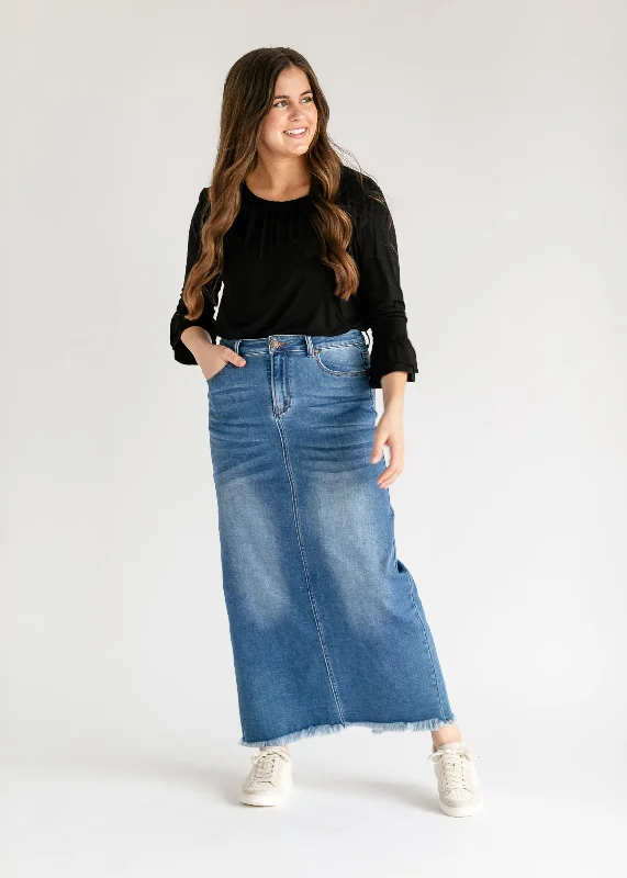 Denim Skirts with Sequins for Sparkle -Dakotah Raw Hem Long Denim Skirt