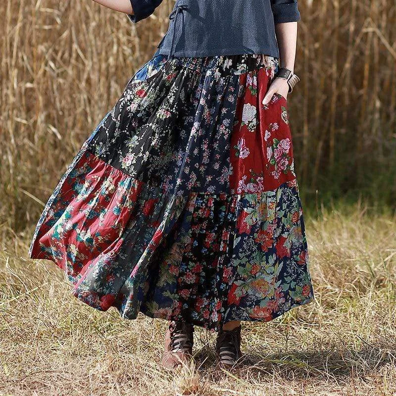 Affordable skirts with basic solid colors -Floral Random Patchwork Skirt