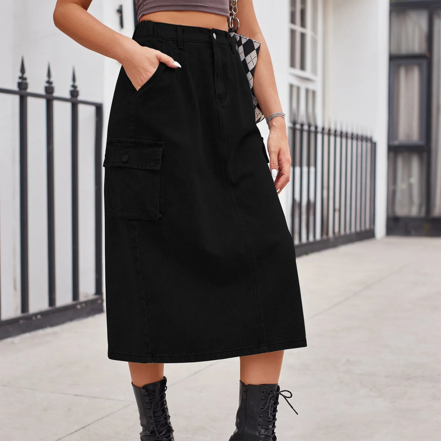 Double Layer Denim Skirts for Stylish -Elegant Straight Button Split Retro Maxi Denim Skirt