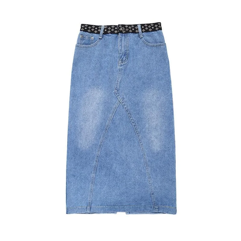 Acid Wash Denim Skirts for Retro -Plus Fat Plus Size One-Step Split Denim Skirt Mid-Length Female Skirt High Waist Bag Hip Long Skirt