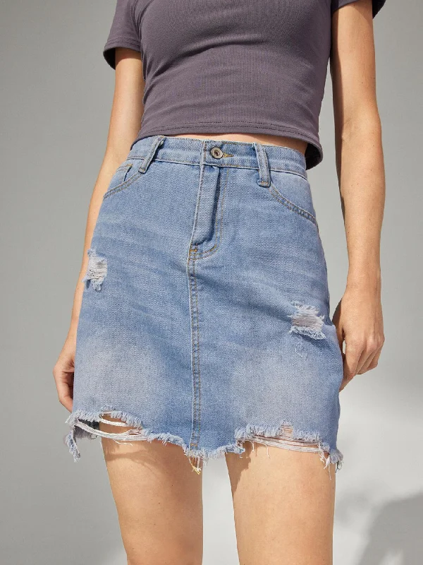 Denim Skirts for Festival Parties -Washed Ripped Raw Hem Denim Skirt