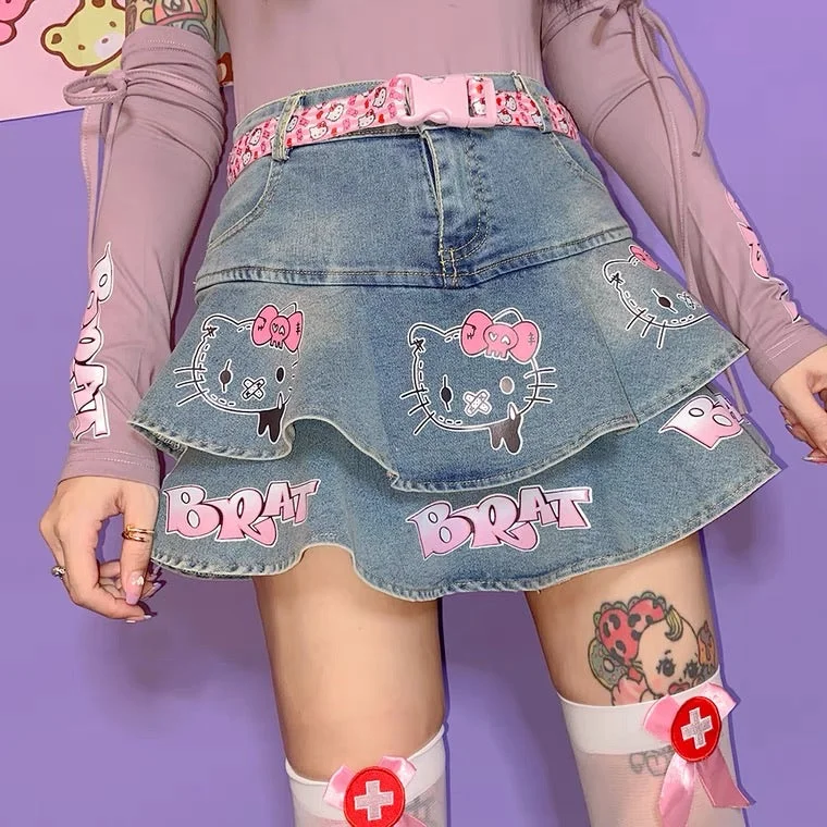 Denim Skirts for Yoga -JAPANESE CUTE “HELLO KITTY” Y2K CAKE DENIM SKIRT BY50058