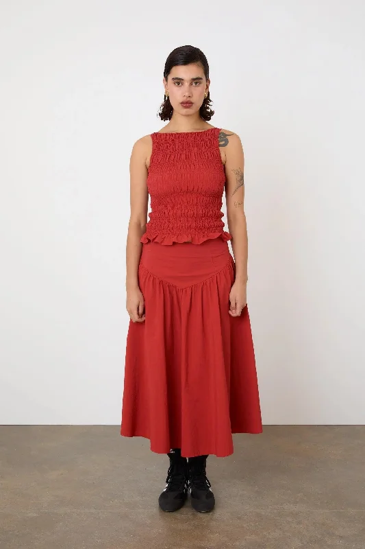 Lightweight cotton skirts for summer ease -The Deba Midi Skirt, Tomato