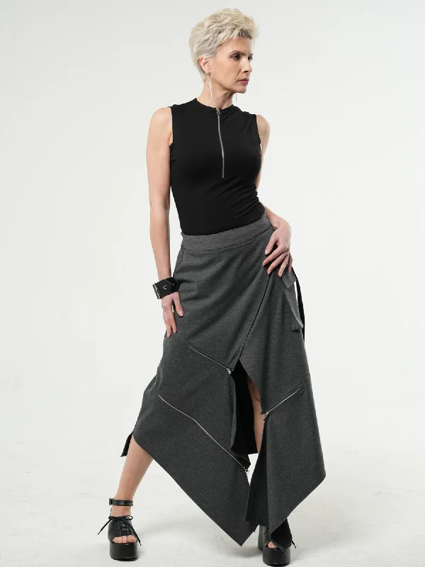 Pleated midi skirts for elegant everyday looks -Asymmetric Gray Long Skirt with Zippers