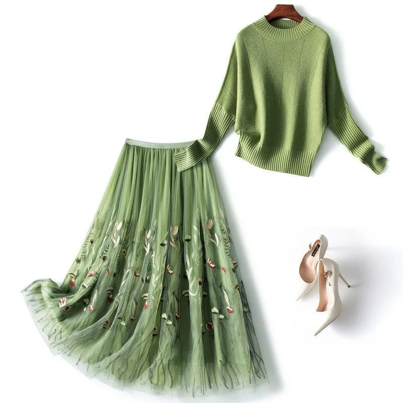 Trendy skirts with asymmetrical hem lines -Green Sweater Skirt Two-piece Knitted