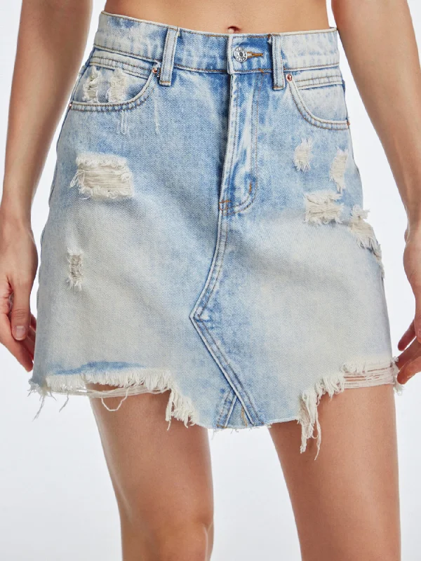 Denim Skirts for Movie Nights -Raw Hem Ripped Denim Skirt