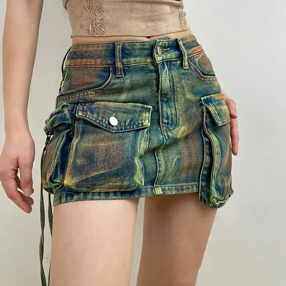 Light Wash Denim Skirts for Fresh -Asymmetrical Pockets Clubwear All-Match Denim Skirt