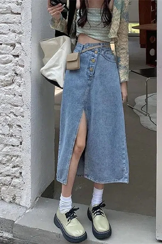 Denim Skirts for Travel Adventures -KittenAlarm - High Waist Irregular Split Denim Skirts