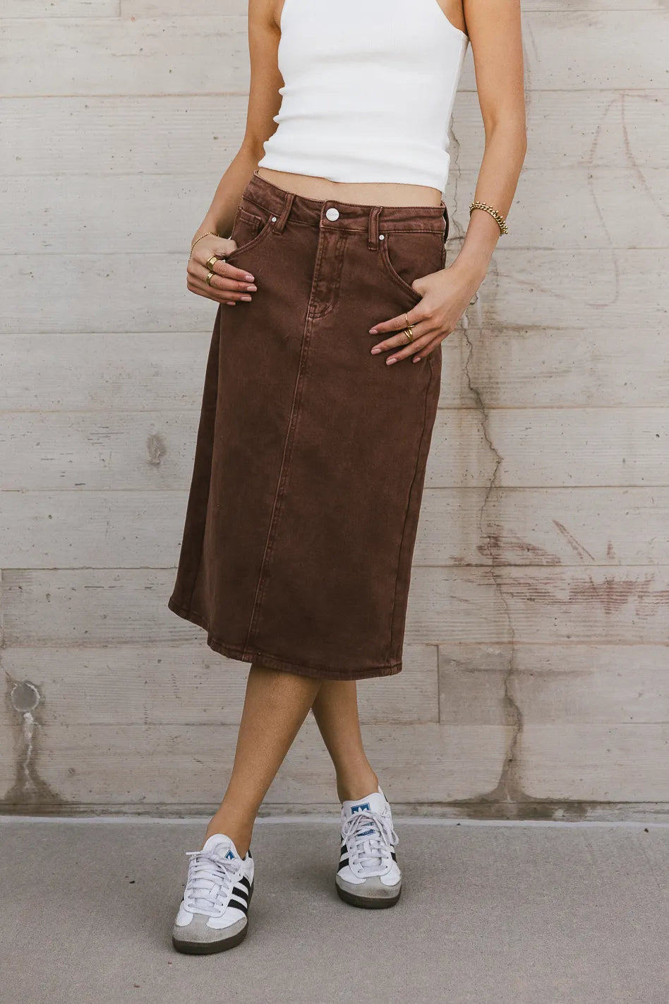 Denim Skirts for Concert Events -Jordan Denim Skirt in Brown - FINAL SALE