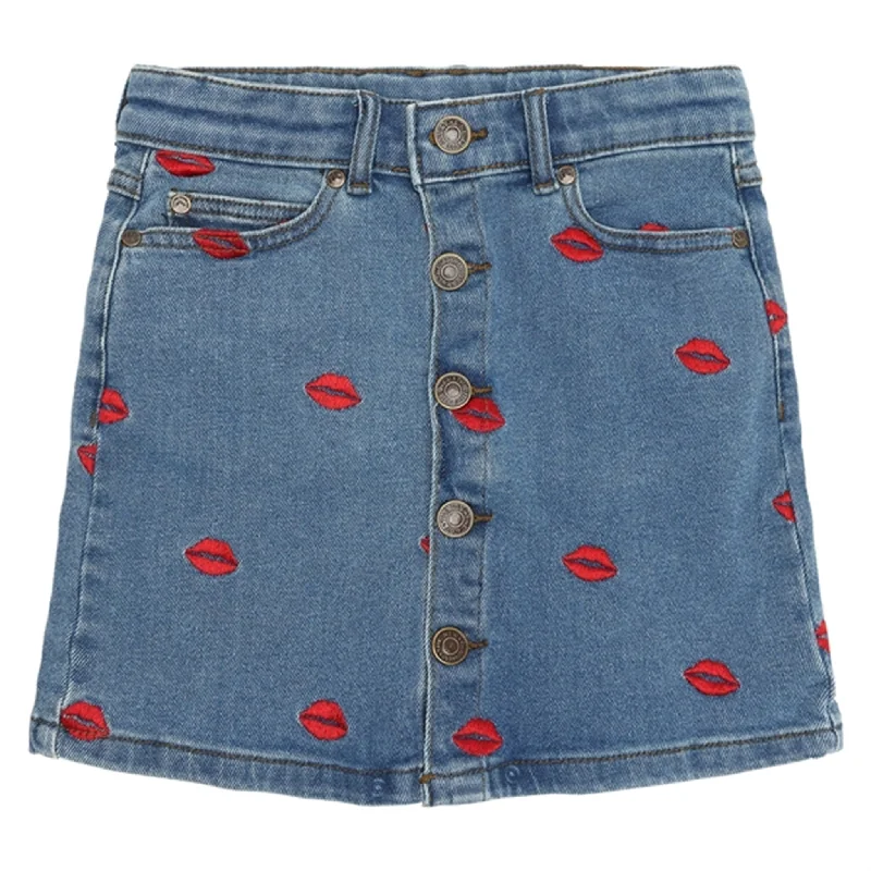 Denim Skirts for Shopping Days -The New Medium blue Lips Denim Skirt