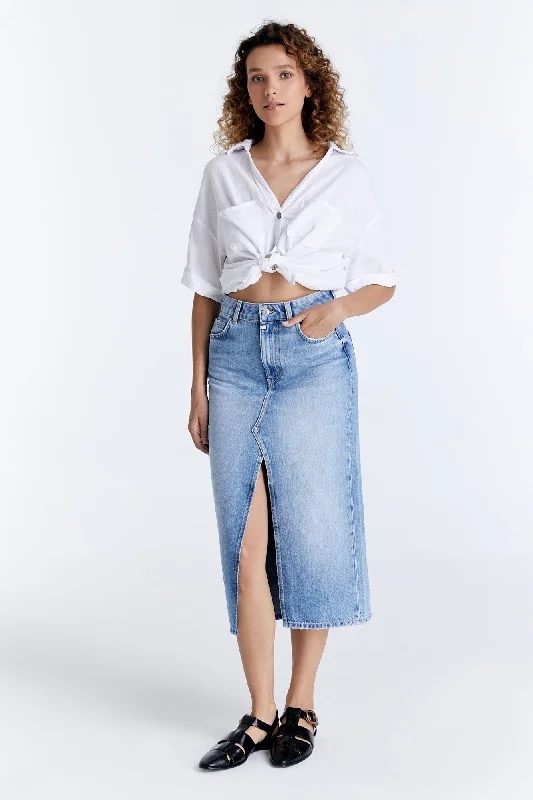 High-waisted denim skirts for cool lift -Helen Mid Waist 5 Pocket Long Skirt Light Blue