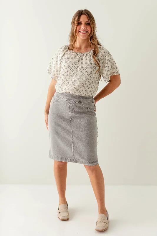 Denim Skirts for Friends Meetings -'Sara' Classic Knee Length Denim Skirt in Vintage Grey