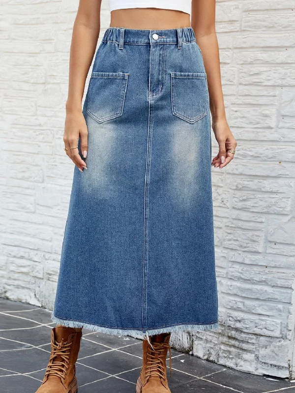 Denim Skirts for Garden Parties -Raw Hem Buttoned Denim Skirt with Pockets