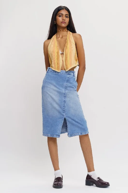 Denim Skirts with Belt Loops for Accessorize -Front Slit Light Denim Skirt