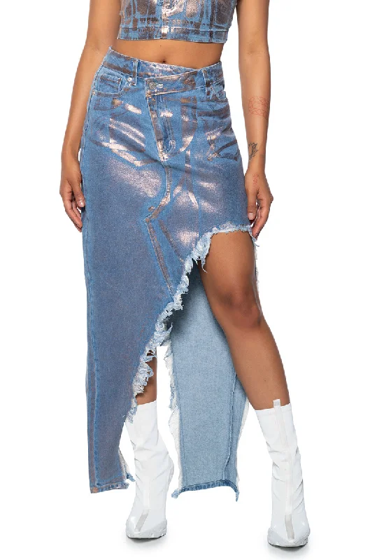 Pleated Denim Skirts for Cute -DIVINE TIMING CUT OUT METALLIC DENIM SKIRT