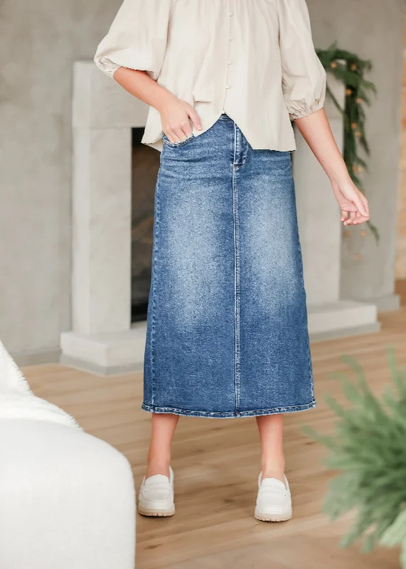 Yellow Denim Skirts for Bright -Medium Wash Back Slit Denim Skirt