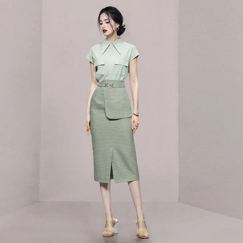 Classic skirts with subtle texture weave -Women's Green Plaid Girdle Slim Skirt Suit