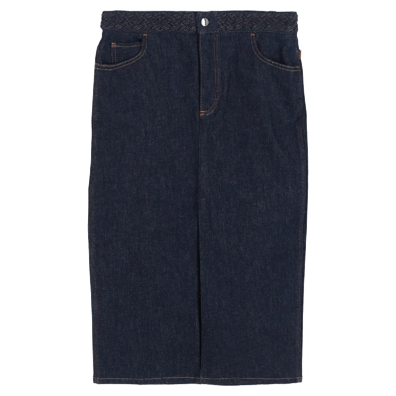 Denim Skirts for Travel Adventures -Chloé Braided-Waist Slit-Hem Denim Skirt in Blue Cotton