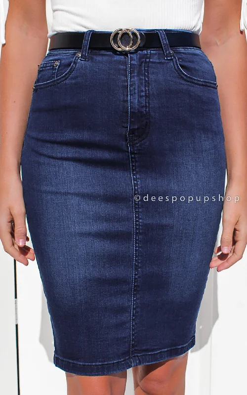 Denim Skirts for Wedding Guests -Birdie Denim Skirt - Dark Blue