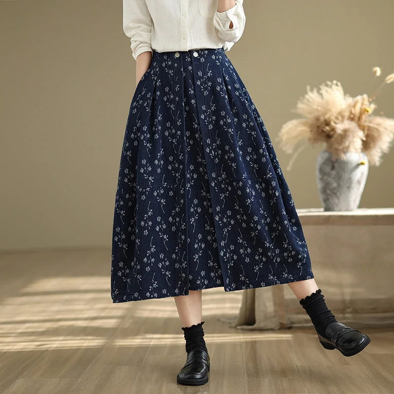 Printed Denim Skirts with Stripes -Babakud Women Spring Vintage Loose-Fit Denim Skirt with Flower-Bud Design