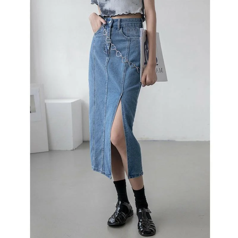 Orange Denim Skirts for Energetic -Retro side slit denim skirt