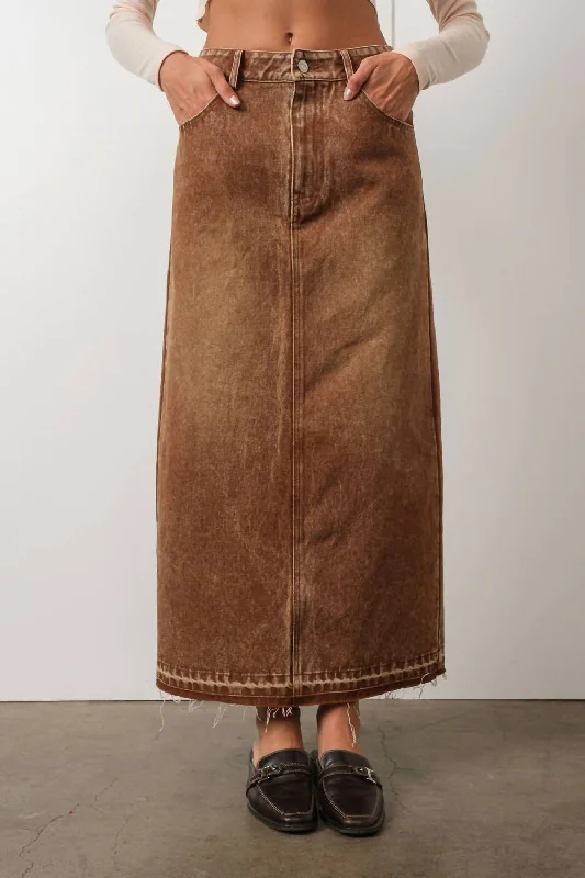 Denim Skirts for Garden Parties -Washed Denim Skirt In Brown