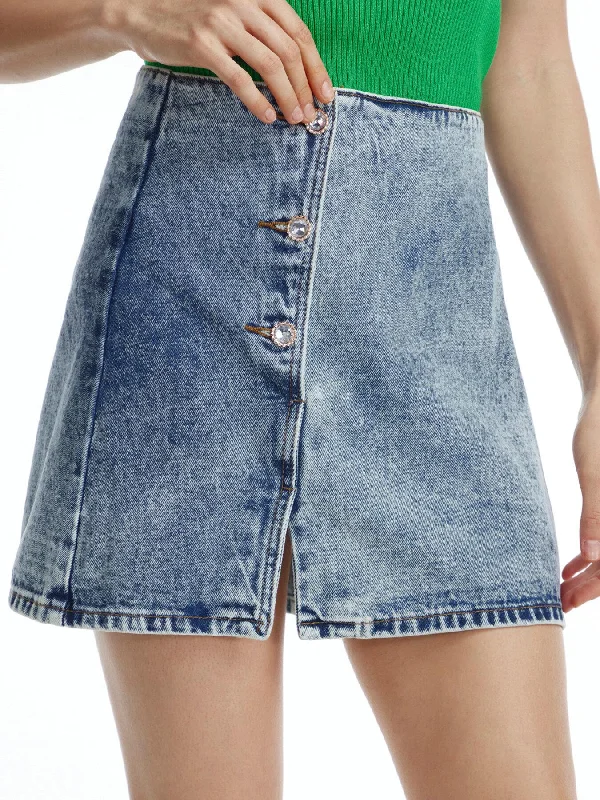 Denim Skirts for Cocktail Parties -Button Front Split Denim Skirt