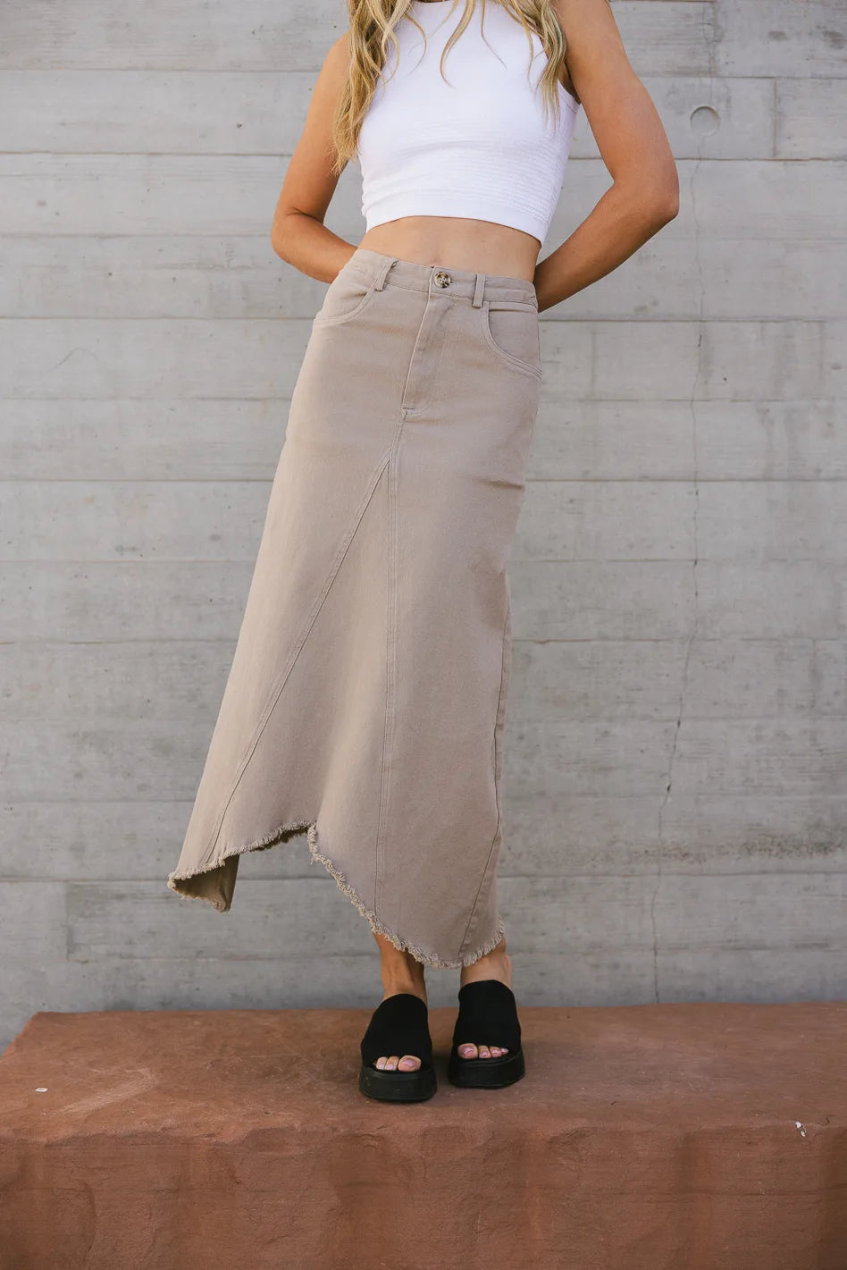 Denim Skirts for Running -Blythe Denim Skirt in Taupe - FINAL SALE